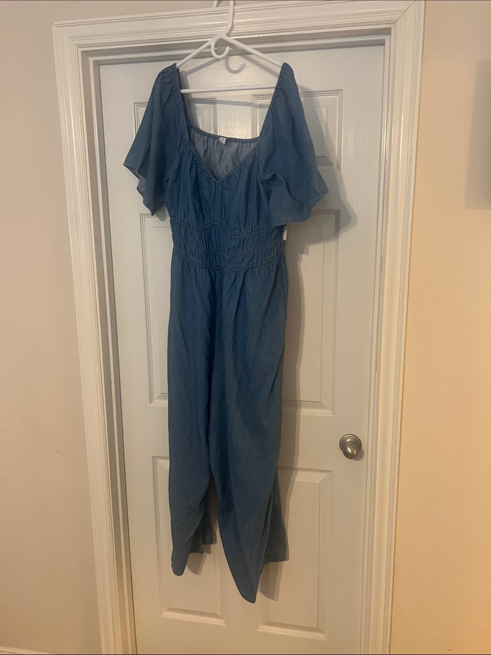 Blue denim (chambray) Jumpsuit with Smocked Waist